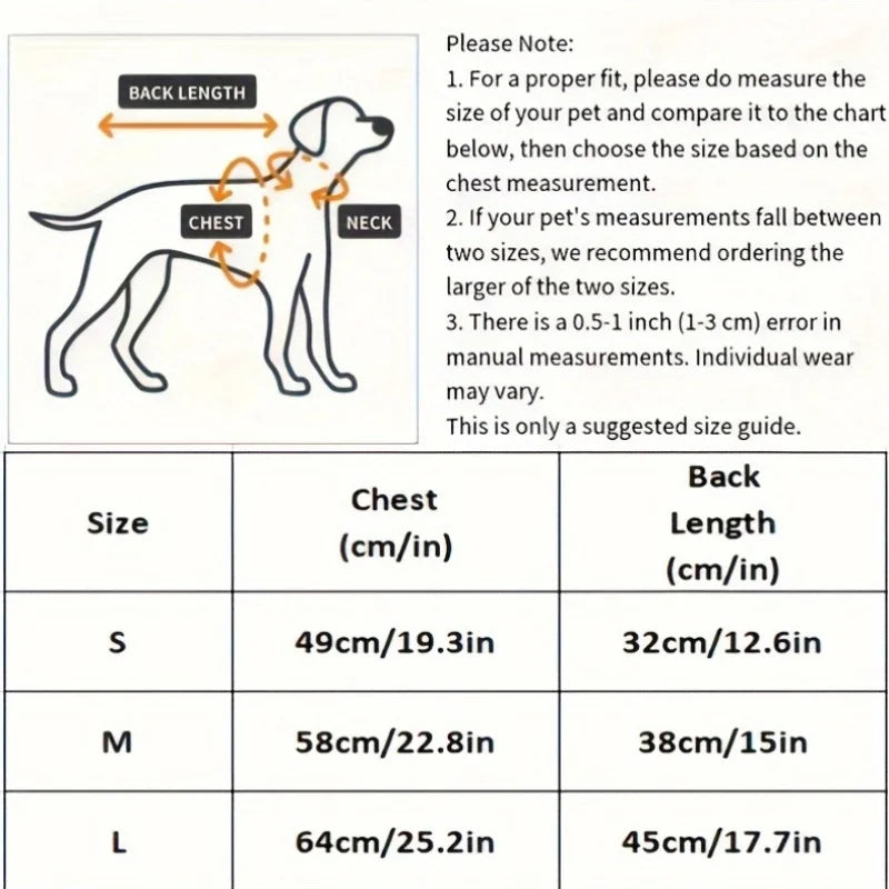 A size chart showing measurements for S, M, and L sizes of an absorbent quick-dry pet bathrobe.