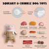 A collection of dog chew toys including a pilot pig, pork brain, BBQ pork, hamburger, sausage, rib, bacon, and meatball skewe