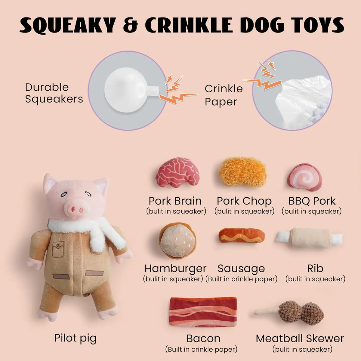 A collection of dog chew toys including a pilot pig, pork brain, BBQ pork, hamburger, sausage, rib, bacon, and meatball skewe
