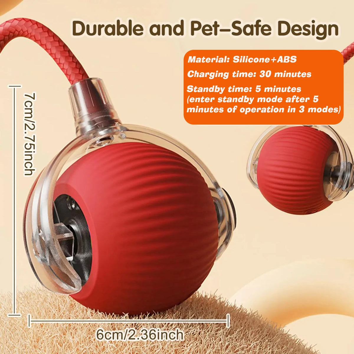 A red silicone and ABS rolling cat toy ball is shown against a light background.