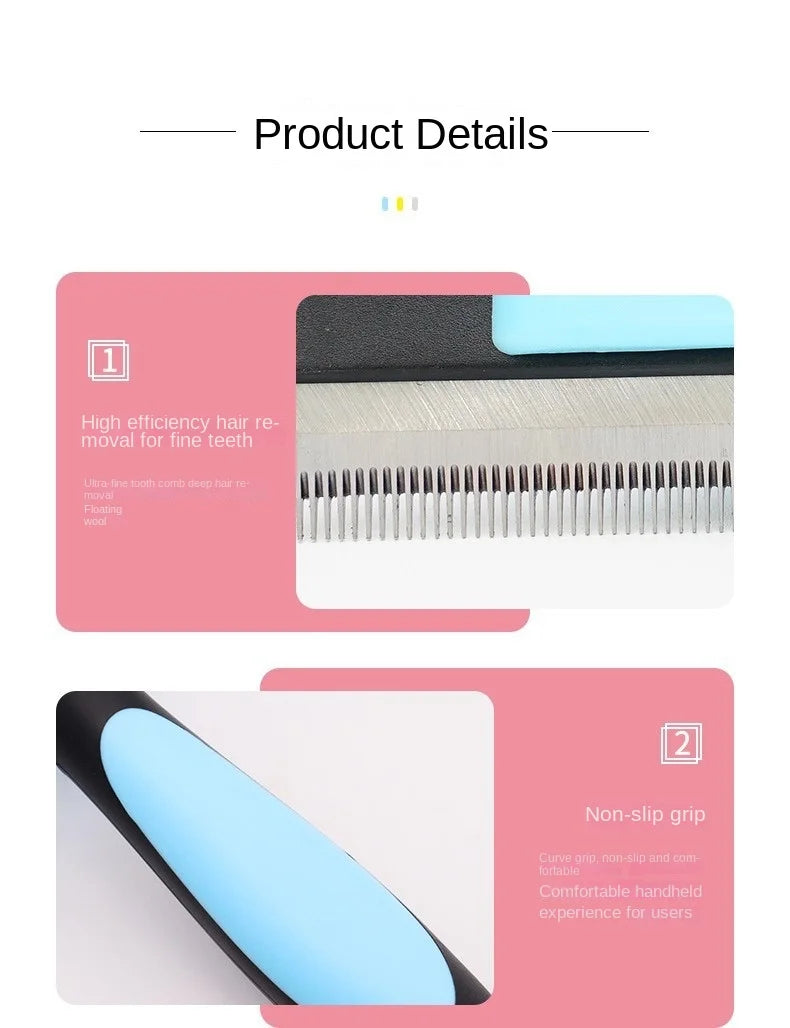 A set of detachable pet hair grooming combs, showing a close-up of the comb teeth and a blue handle.