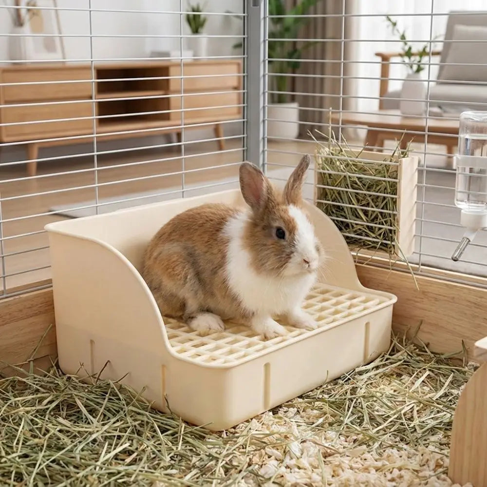 Un conejo pequeño marrón y blanco está dentro de una caja de arena rejillada de color claro sobre un suelo de madera.