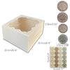 A white window cake box with a removable base and ten decorative labels for baking.