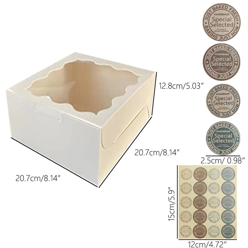 A white window cake box with a removable base and ten decorative labels for baking.