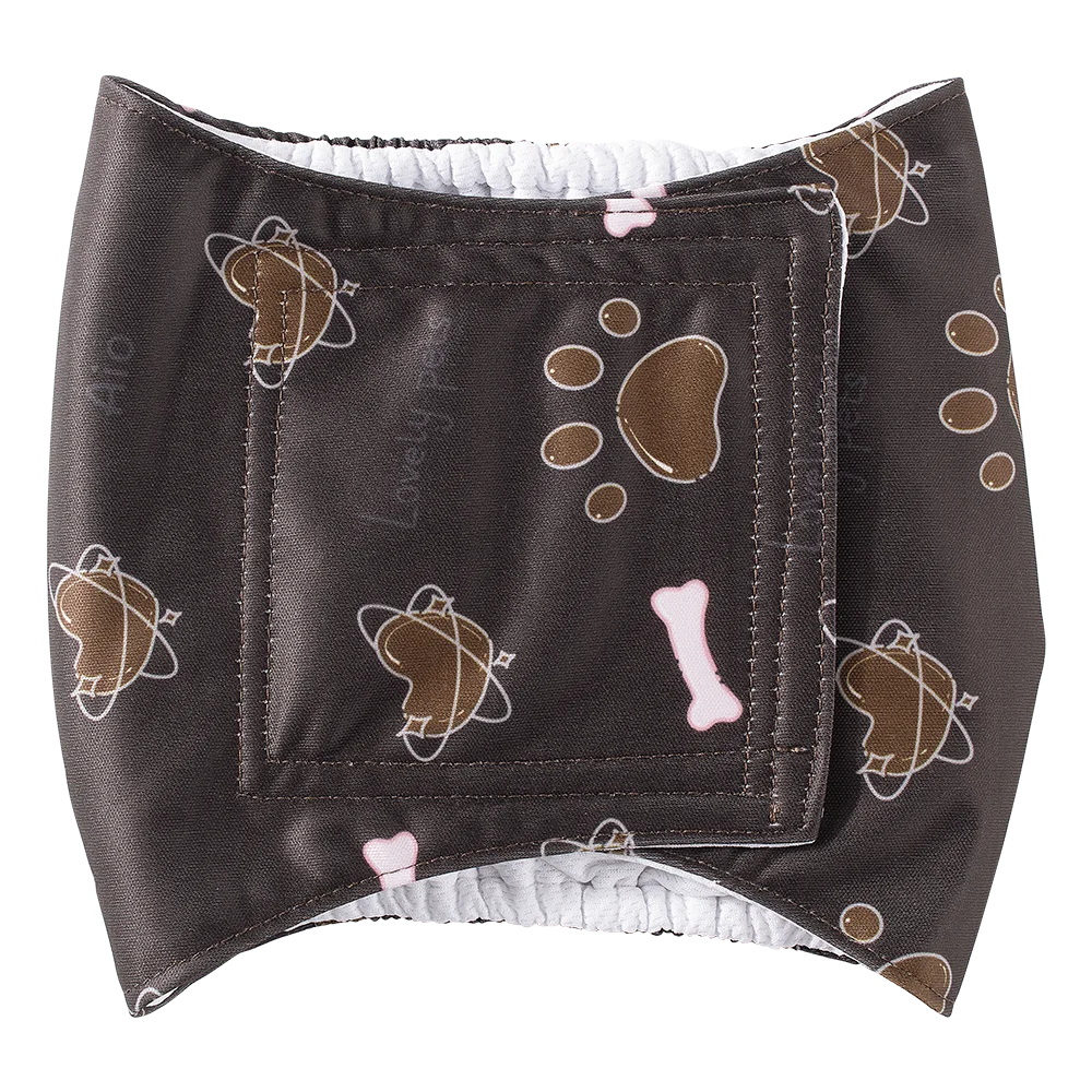 A dark brown washable belly band for a male dog with paw print patterns.