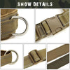 Close-up view of a tan tactical anti-pull dog harness strap and metal ring.