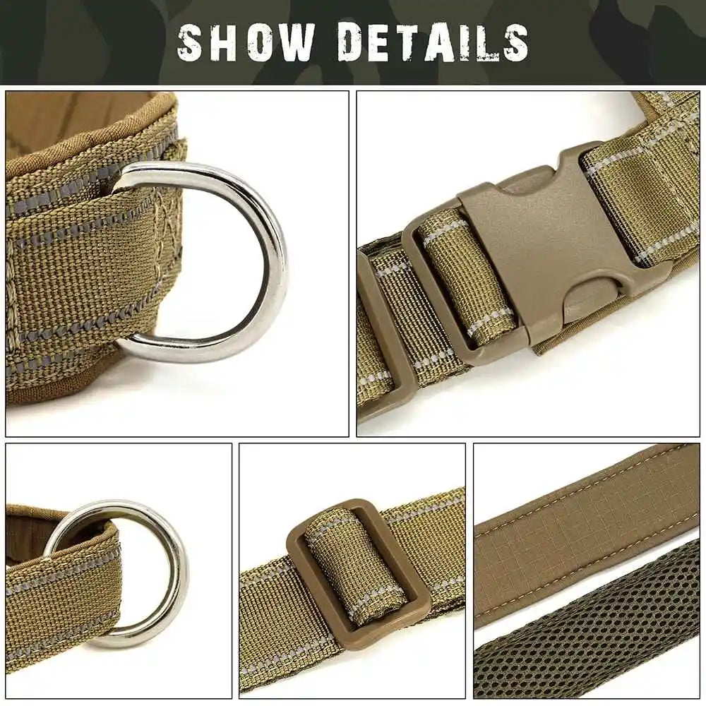Close-up view of a tan tactical anti-pull dog harness strap and metal ring.