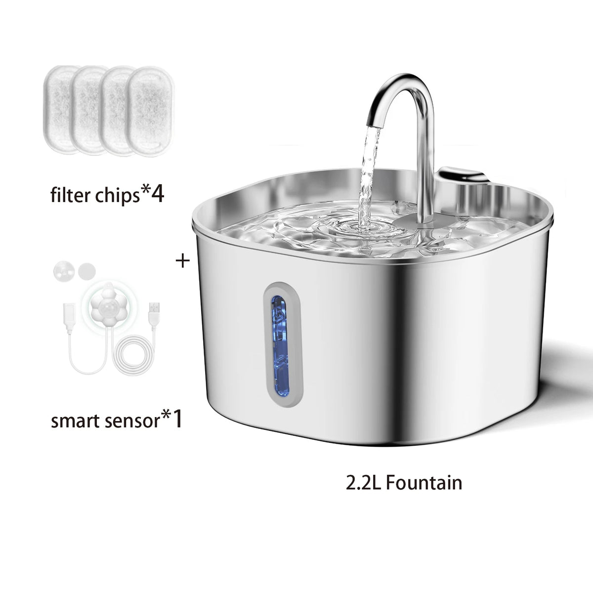 Fontaine à eau pour animaux en acier inoxydable avec bec, chips de filtre et capteur intelligent.