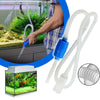 A semi-automatic aquarium siphon cleaner with clear tubing and a blue nozzle is shown next to an aquarium setup.