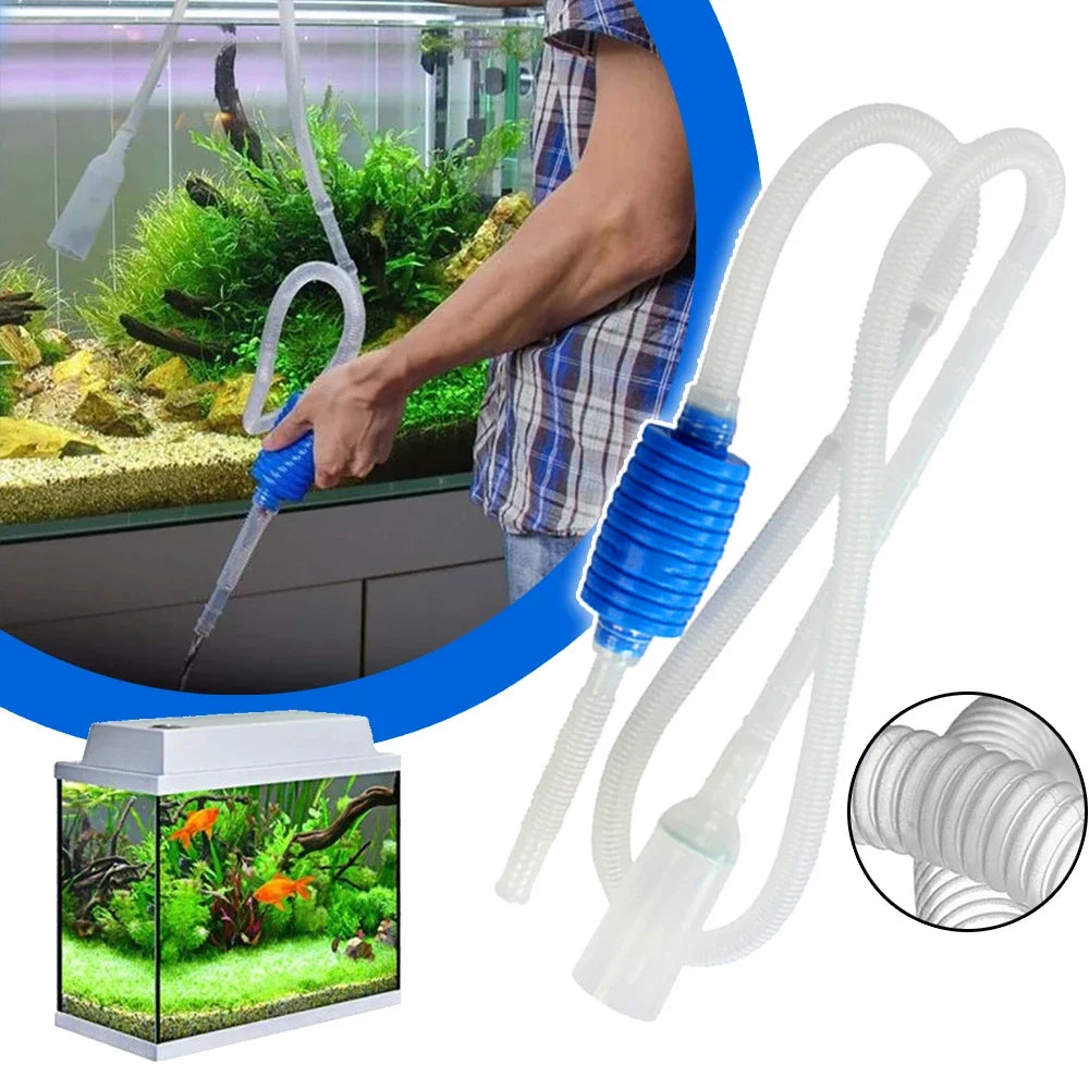 A semi-automatic aquarium siphon cleaner with clear tubing and a blue nozzle is shown next to an aquarium setup.