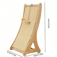 A vertical sisal cat scratcher with a wooden stand, featuring a textured scratching surface and a hanging cord.