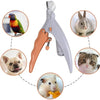 A set of professional LED pet nail clippers shown with various animals for scale.