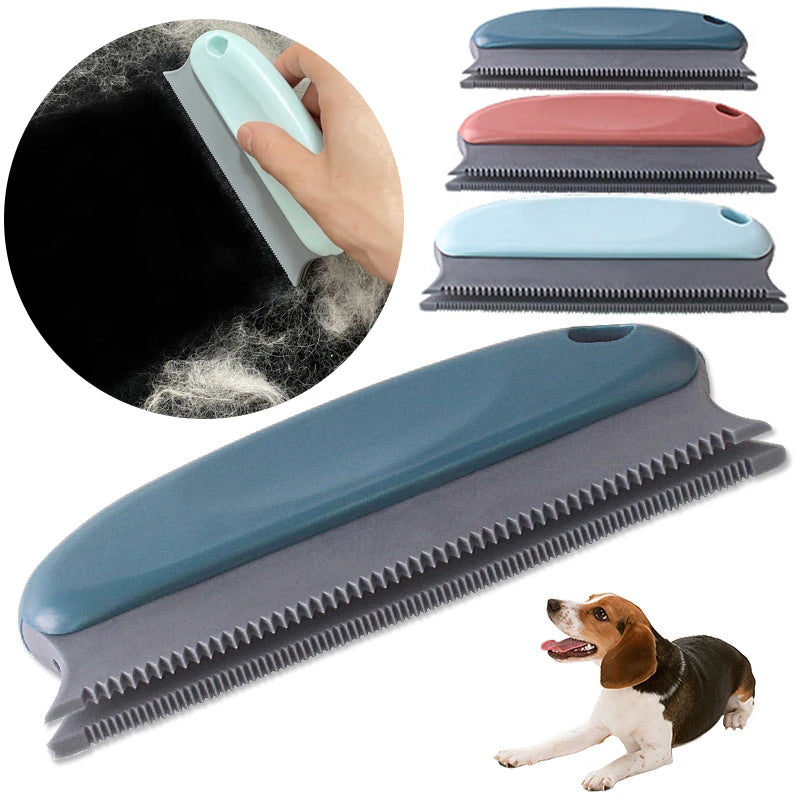 A portable lint and pet hair remover brush shown in various colors and angles, including a hand demonstrating its use.
