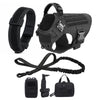 Black heavy duty tactical dog harness with a padded vest and molle pouch system accessories