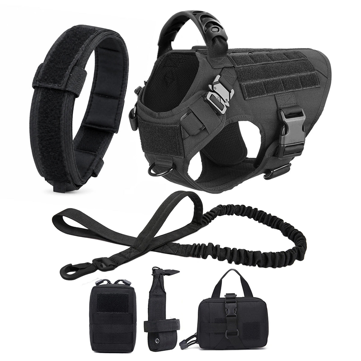 Black heavy duty tactical dog harness with a padded vest and molle pouch system accessories
