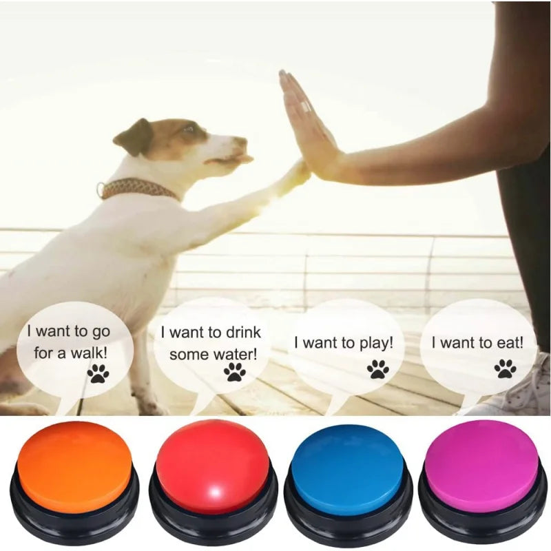 A set of four colored recording buttons for pet communication, including orange, red, blue, and pink.