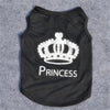 Black puppy t-shirt featuring a white crown pattern and the word PRINCESS