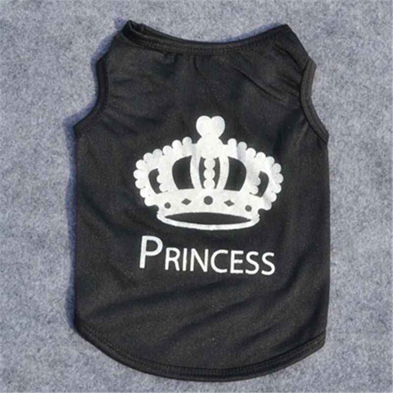 Black puppy t-shirt featuring a white crown pattern and the word PRINCESS