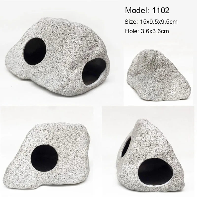 A speckled ceramic cichlid cave aquarium decor piece with a hole, shown from multiple angles.