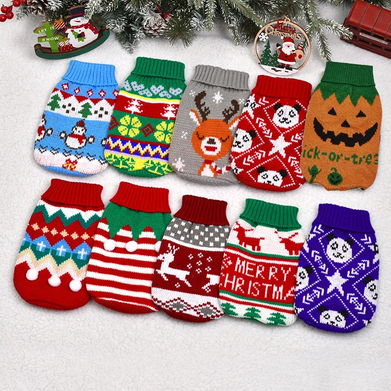 A collection of knitted dog sweaters in various holiday patterns and colors displayed on a white background.