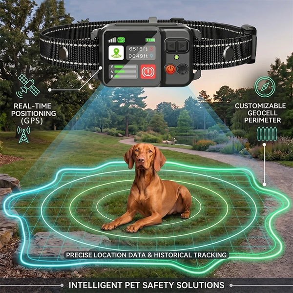 A brown dog is shown within a green GPS tracking perimeter overlaid on a landscape, with a black collar and transmitter visib