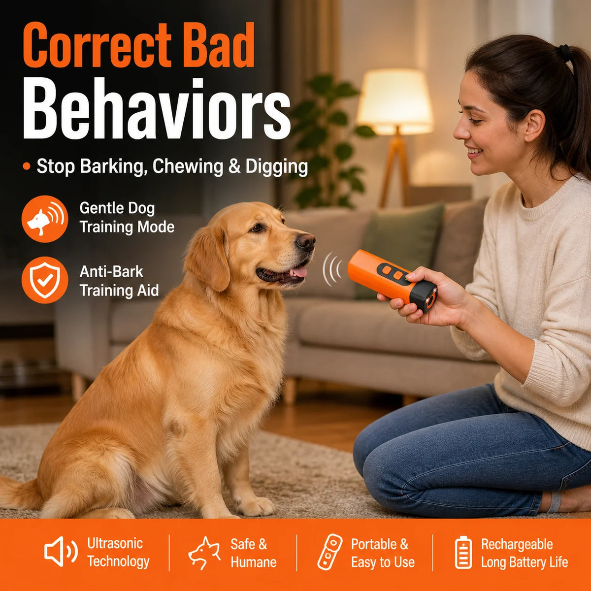 Une femme utilise un répulsif ultrasonique orange pour entraîner un golden retriever à l'intérieur.