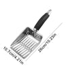 Stainless steel cat litter scoop with a black handle and long handle