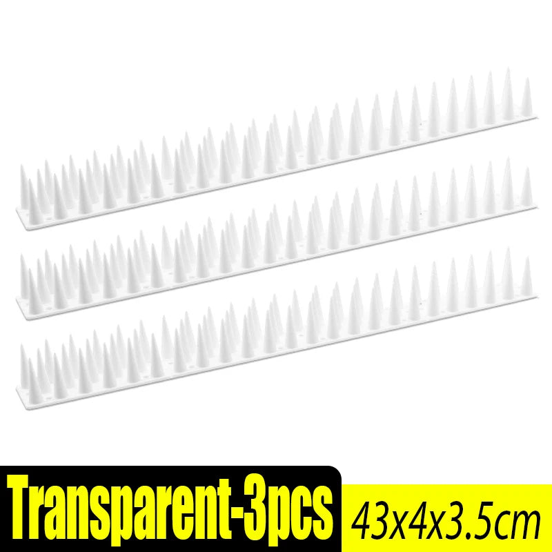 Three transparent spikes for outdoor bird and pest repellent