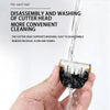 A hand is holding a disassembled cutter head for pet hair clippers, showing the components being washed with water.