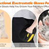 Bidirektionale elektrostatische Handschuhe zum Pflegen von Tierhaaren, zeigt eine Katze und Hand mit Haarstreifen.