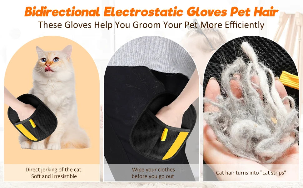 Bidirektionale elektrostatische Handschuhe zum Pflegen von Tierhaaren, zeigt eine Katze und Hand mit Haarstreifen.