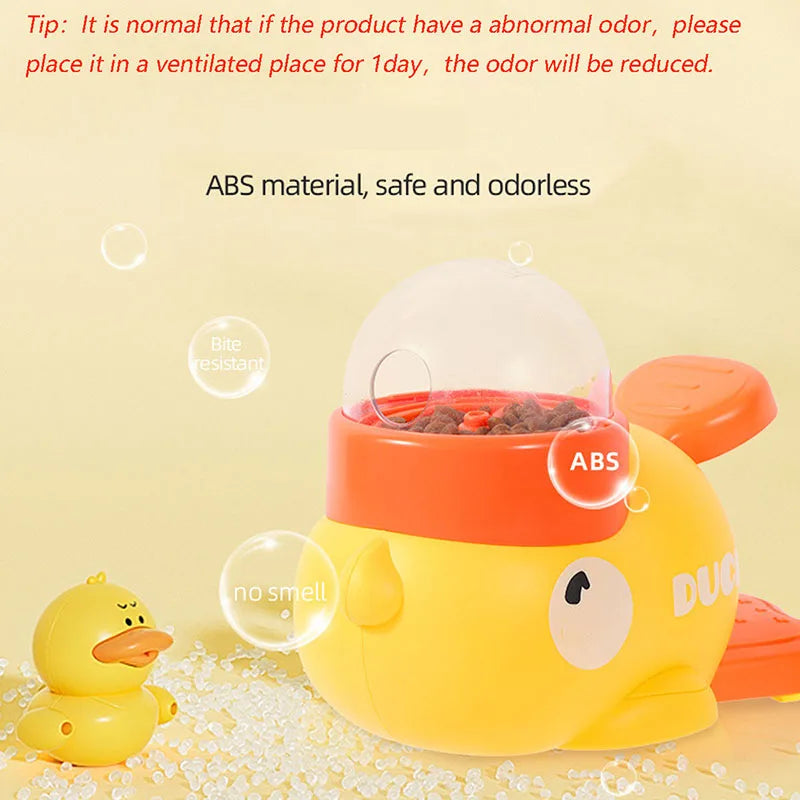 Gelbes, bissfestes ABS-Puzzlespielzeug in Form eines Enten-Dispensers für Katzenleckerli.
