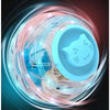 A close-up of a hamster exercise and play ball rotating within a glowing blue and pink energy field.