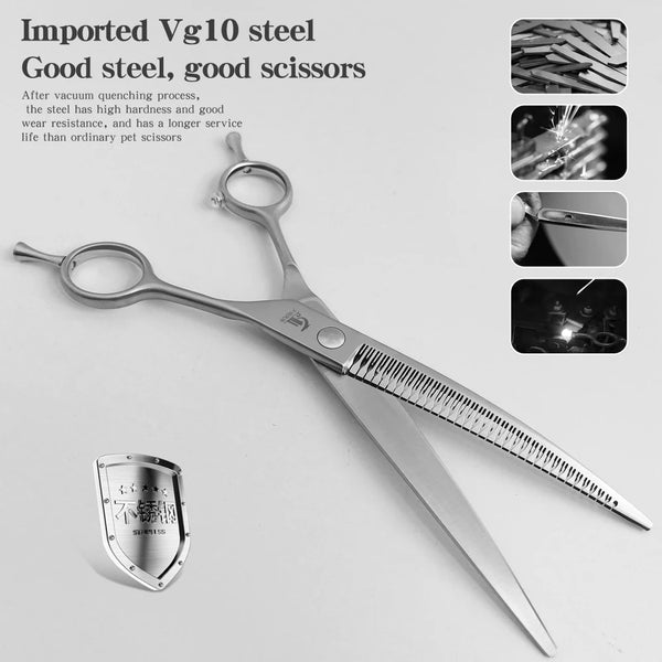 A pair of imported Vg10 steel grooming scissors and a metal pet shear are displayed on a white background.