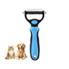 Blue undercoat rake dematting comb tool for dogs and cats shown next to a cat and a dog