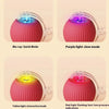 Four variations of a pink cat toy ball showing different colored lights and modes: blue quick mode, purple slow mode, yellow 
