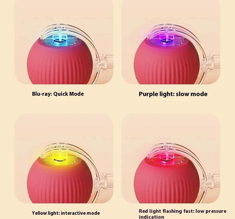 Four variations of a pink cat toy ball showing different colored lights and modes: blue quick mode, purple slow mode, yellow 