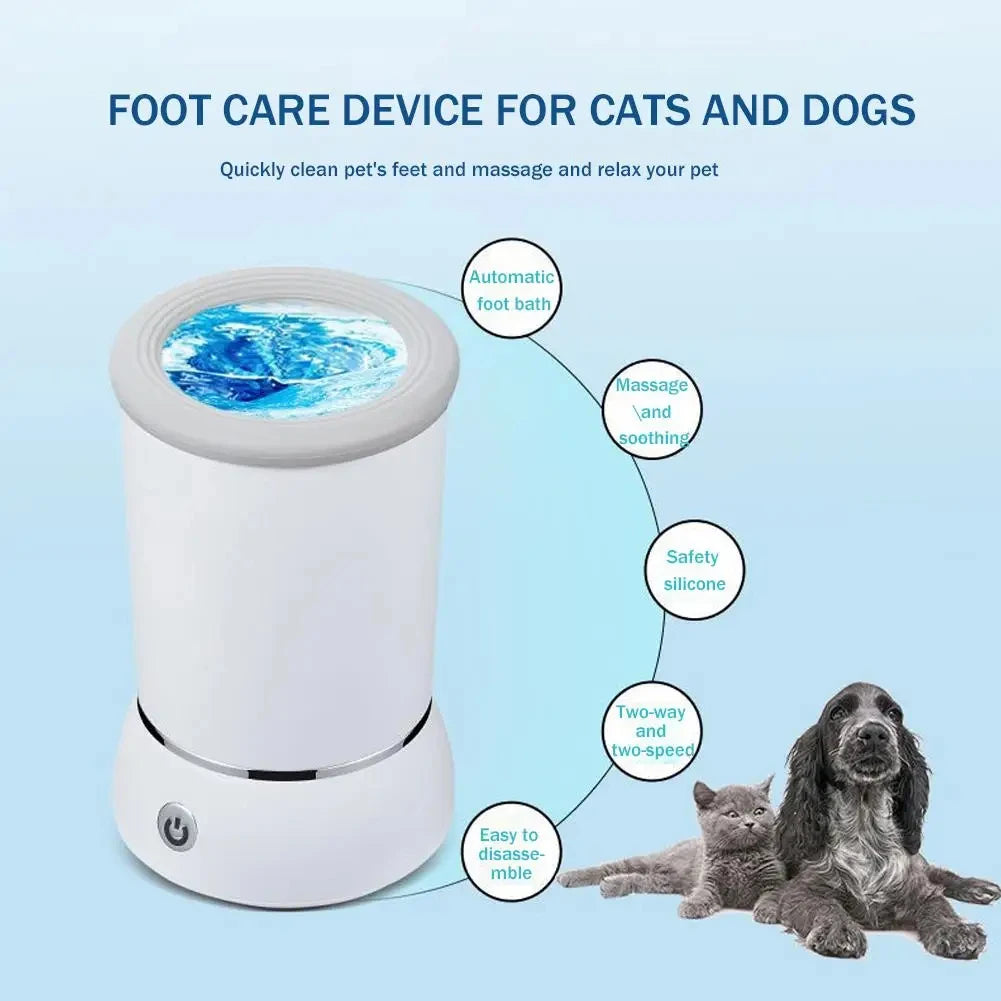 A white automatic foot bath device for cats and dogs shown next to a pet, demonstrating its use for cleaning and massage.