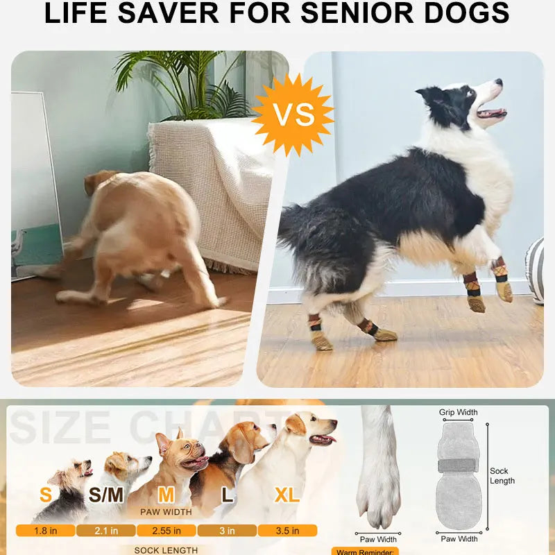 A comparison showing a senior dog and a puppy, alongside anti-slip traction socks for dogs.