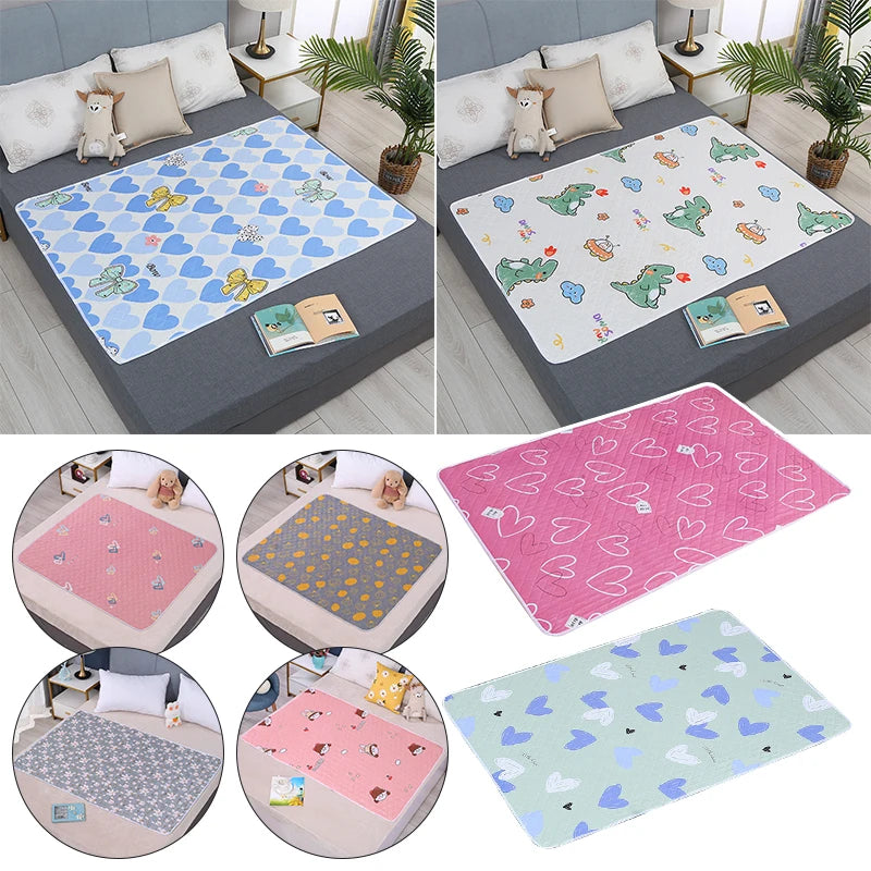Various colored waterproof cartoon bed protector pads for kids and adults shown in different layouts