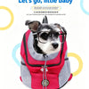 A small dog wearing glasses is visible inside a pink and gray breathable universal pet backpack.