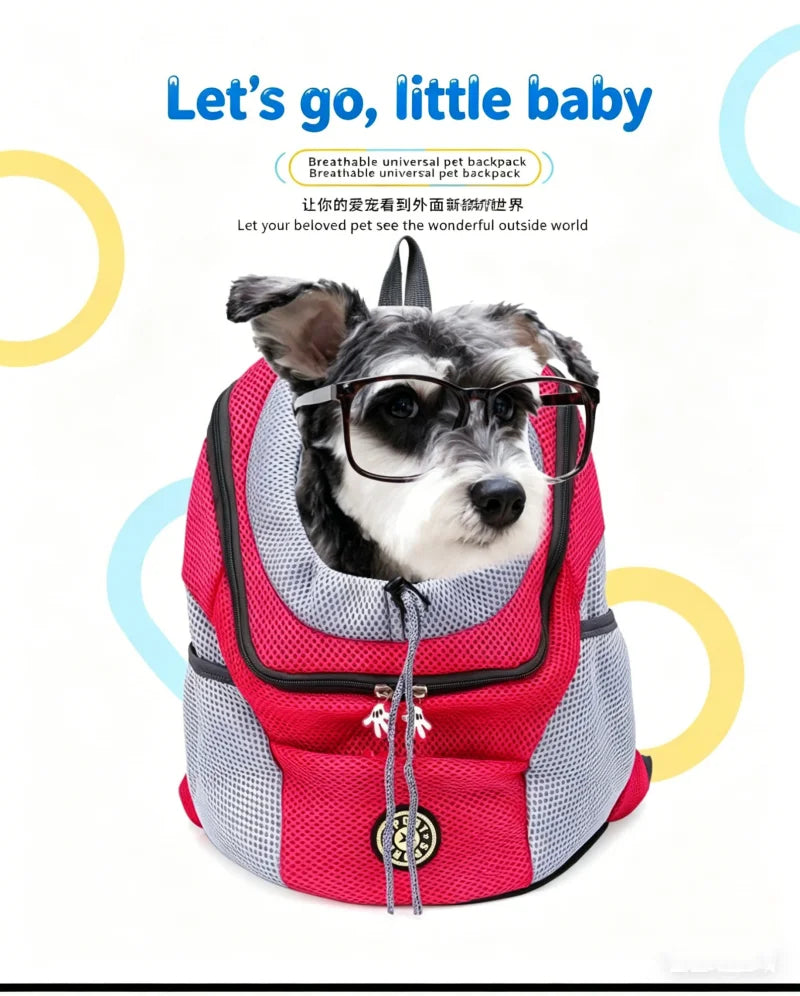 A small dog wearing glasses is visible inside a pink and gray breathable universal pet backpack.