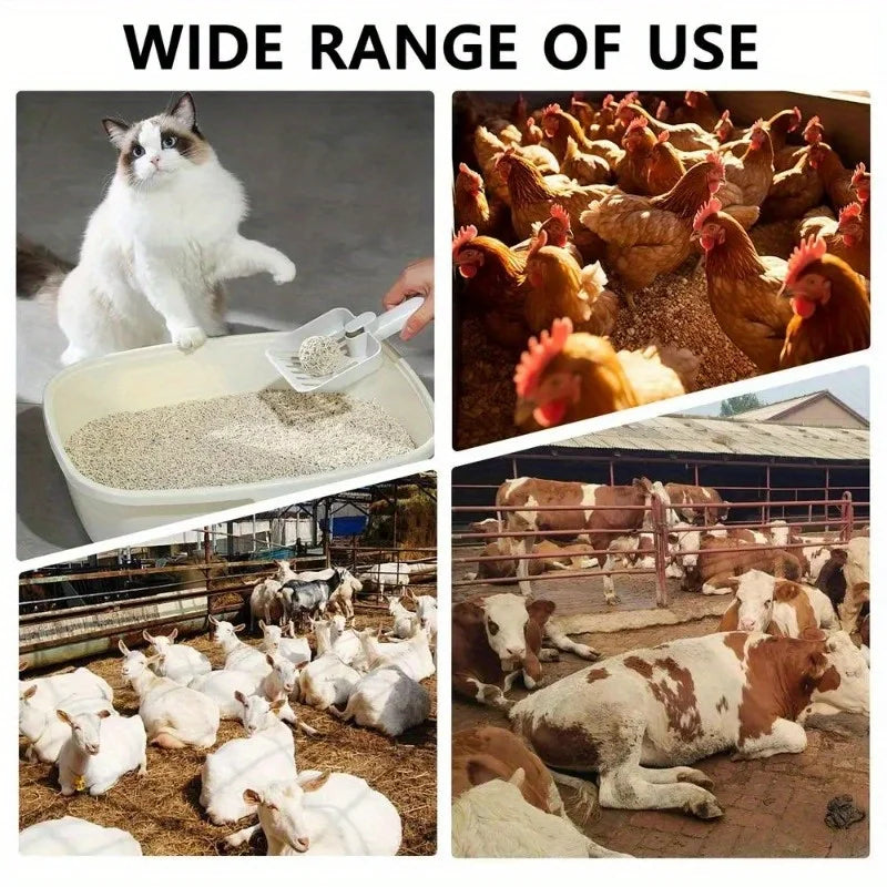 A wide range of use product featuring a stainless steel scoop used for cleaning chicken coops, cat litter, and beach cleanup.