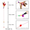 A feather cat teaser wand featuring a rooster feather, a little bell, and a flexible wire.