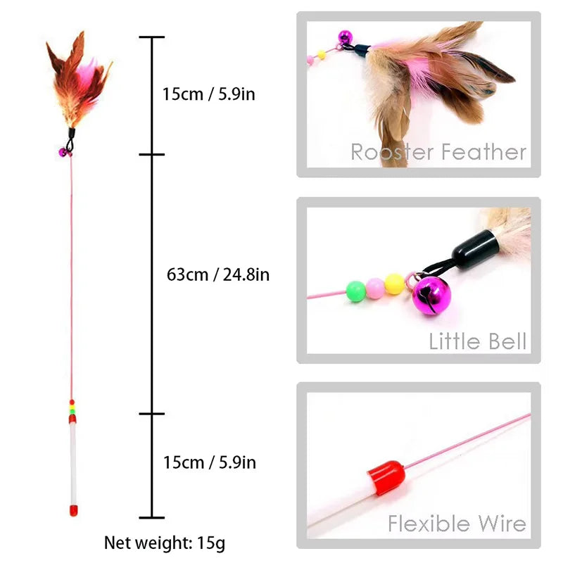 A feather cat teaser wand featuring a rooster feather, a little bell, and a flexible wire.