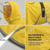 Yellow durable pet raincoat for dogs featuring a clear panoramic safety visor and waterproof breathable technology