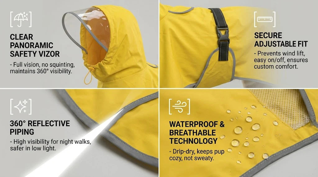 Yellow durable pet raincoat for dogs featuring a clear panoramic safety visor and waterproof breathable technology