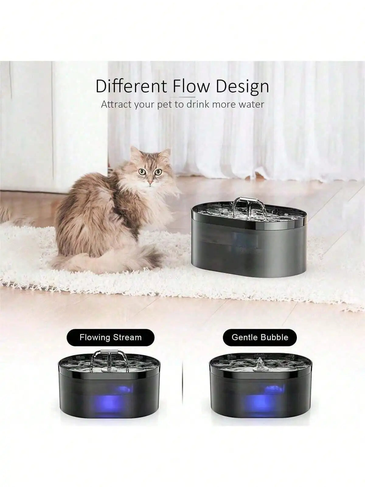 Fontaine à eau automatique noire avec un filet d'eau et des bulles douces sur un tapis blanc.