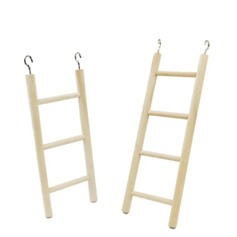 A wooden bird ladder with hooks for climbing and perching, showing the ladder structure.