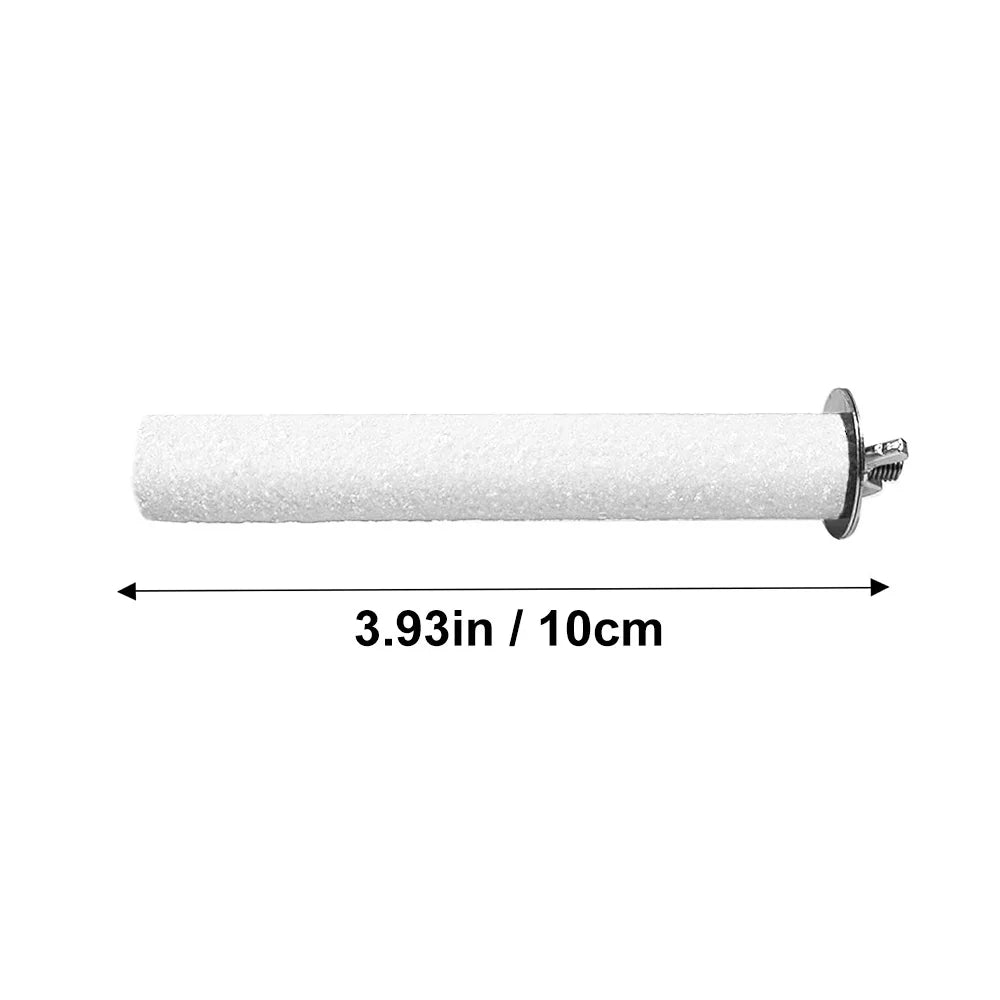 A cylindrical natural wooden perch stand for parrots and birds, white in color.